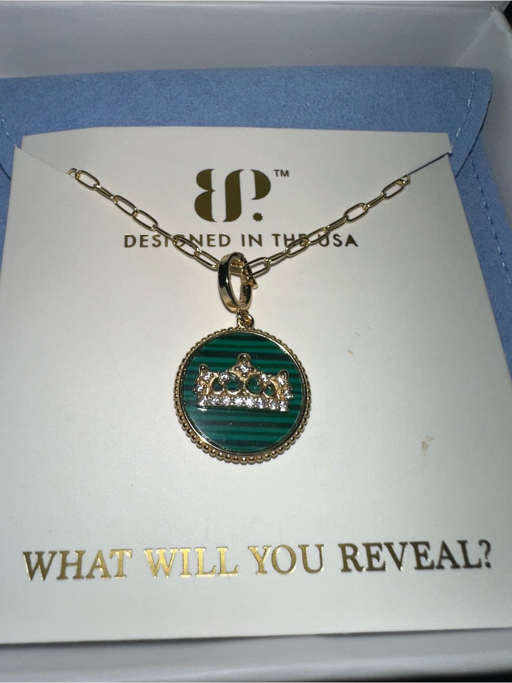 bp Gold-Plated Necklace with Green Striped Crown Pendant